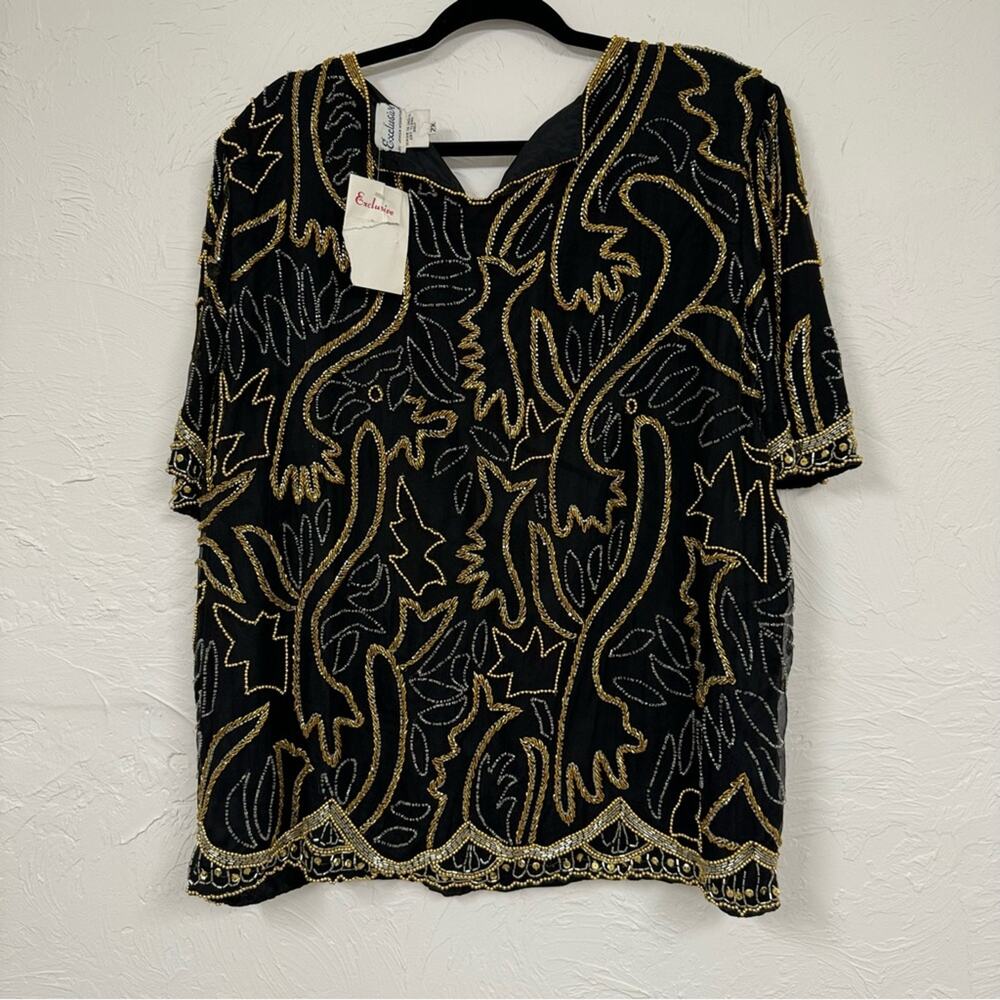 Vintage Black Silk Fully Beaded Formal Blouse Womens 2X Gold & Silver Glam - Picture 5 of 12